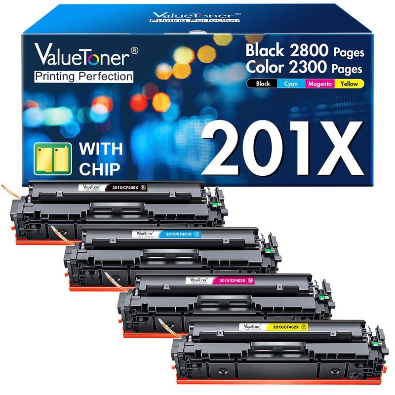 Valuetoner حبر Valuetoner 201X متوافق مع خراطيش حبر HP 201X 4 عبوات عالية الإنتاج CF400X CF401X CF402X CF403X لطابعات Color Laserjet Pro MFP M277dw M252dw M277c6 M277n M252n M277 (أسود أزرق أصفر أرجواني) - Image 1